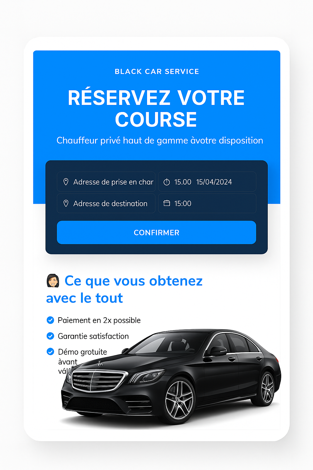 Aperçu visuel d’un site de réservation haut de gamme pour chauffeur VTC