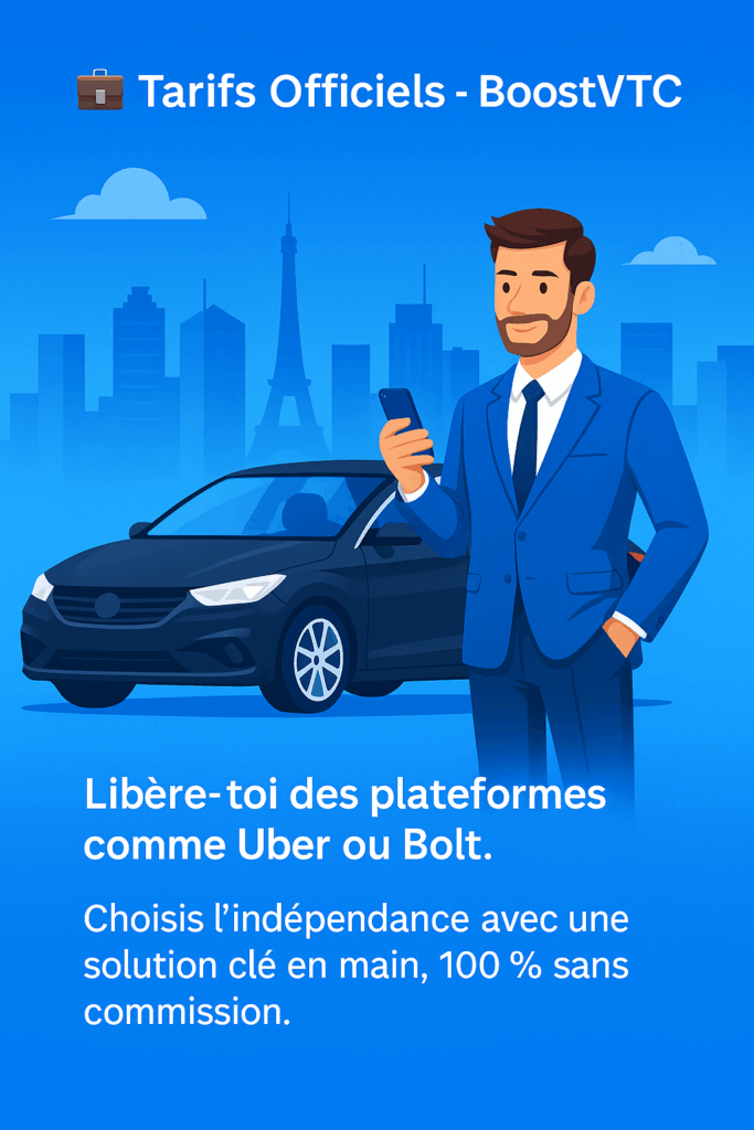Chauffeur VTC professionnel debout devant sa voiture, avec fond bleu, représentant l’indépendance vis-à-vis des plateformes Uber ou Bolt – BoostVTC, création de site de réservation sans commission.